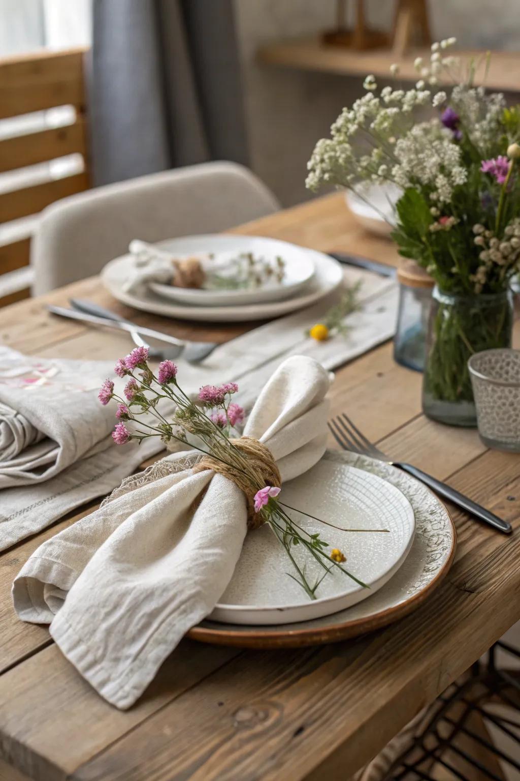 Twisted napkins offer rustic charm and simplicity.
