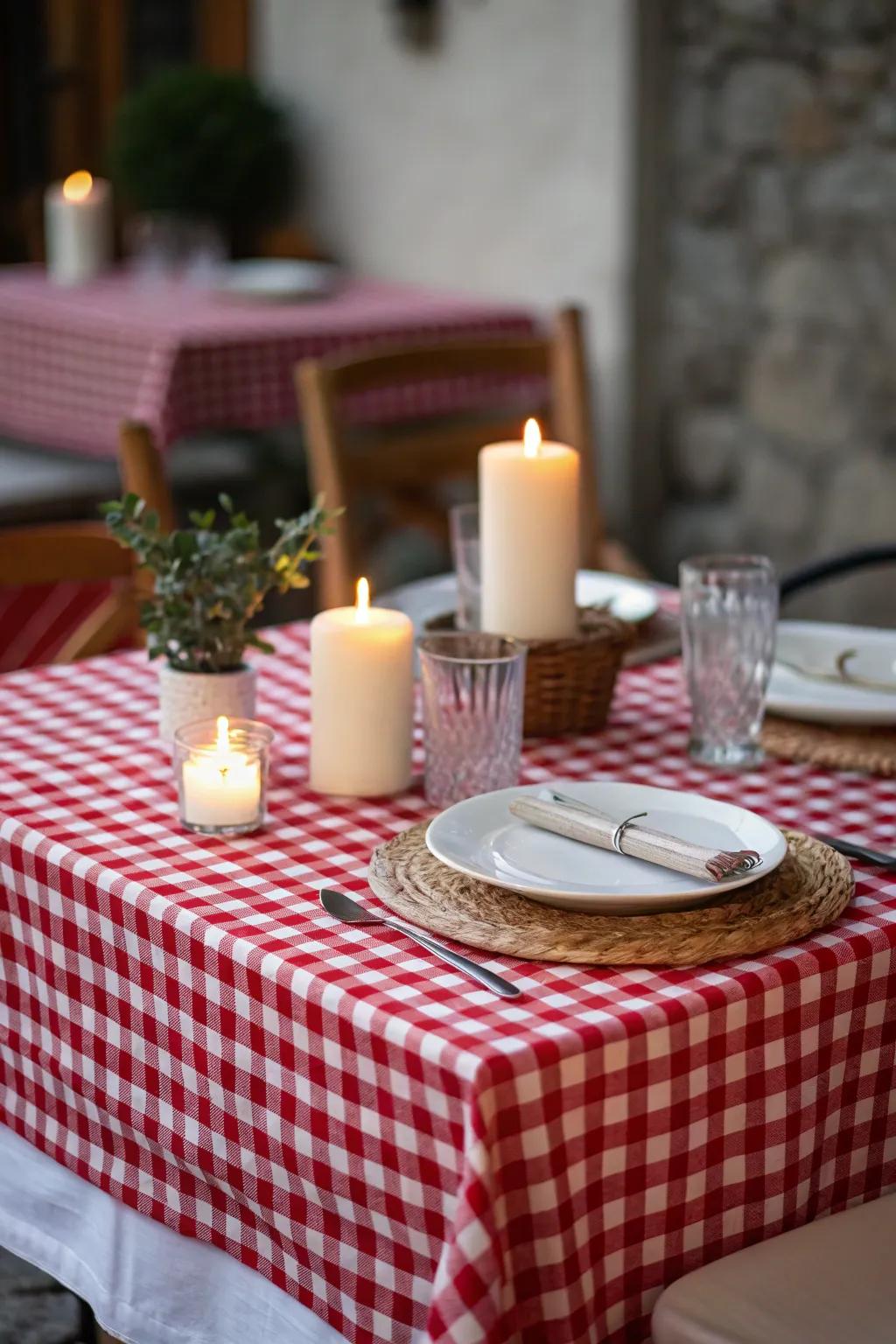 A red checkered tablecloth injects a timeless farmhouse vibe.