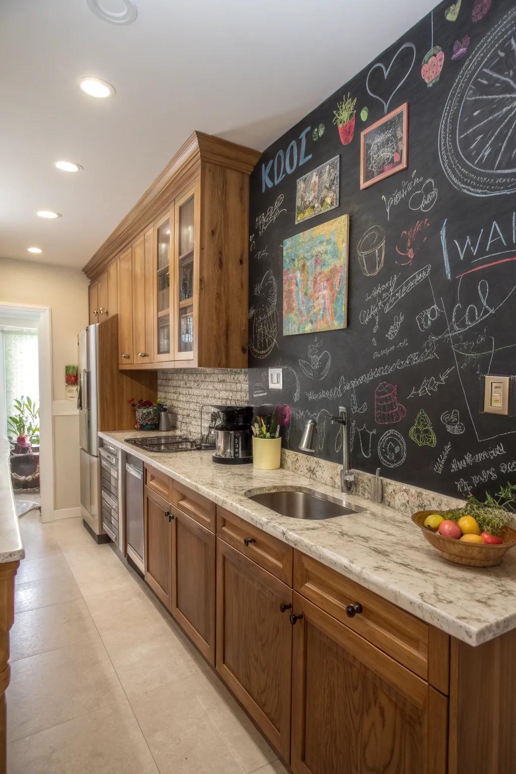 A chalkboard wall is both enjoyable and useful.