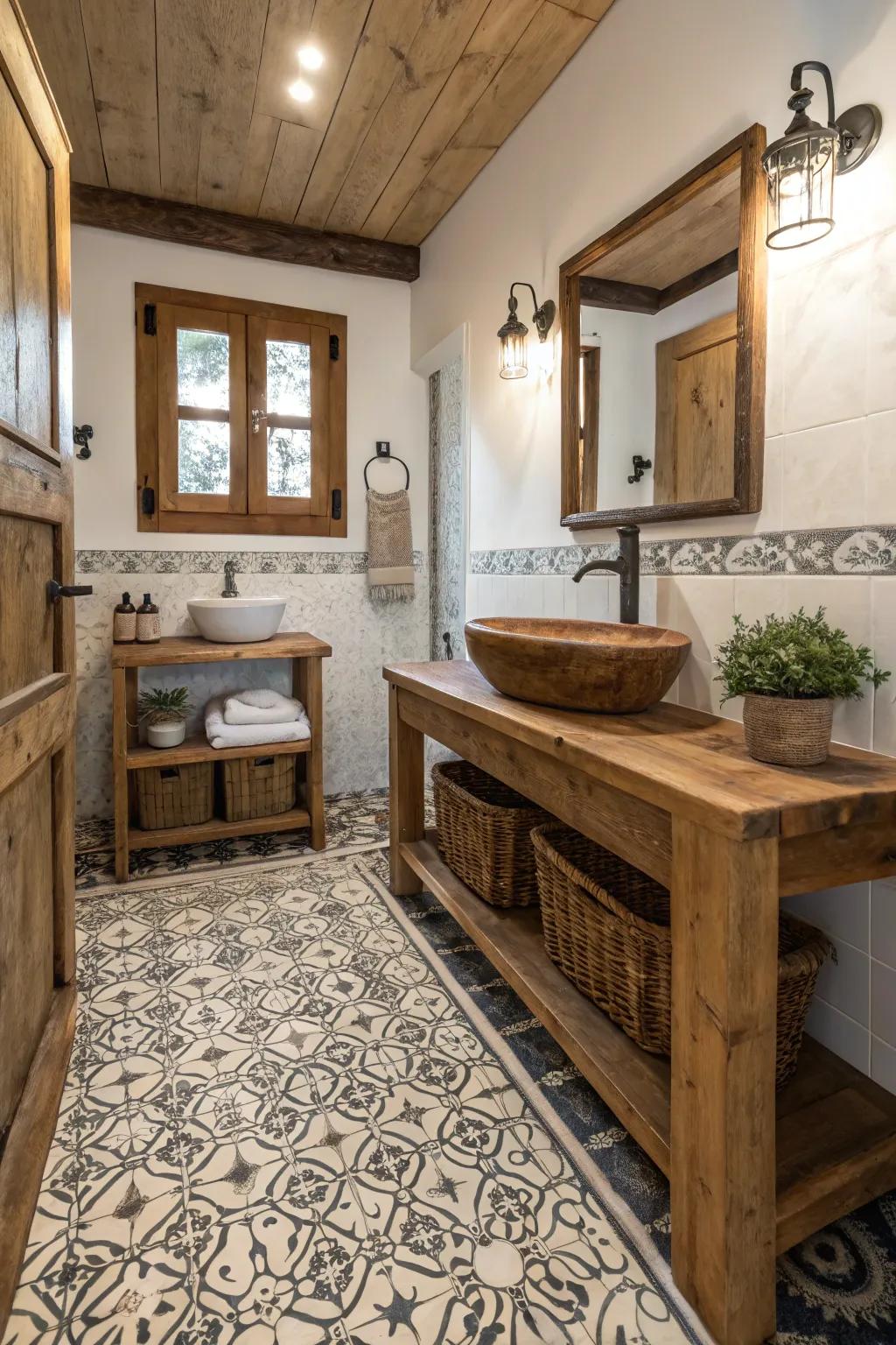 Patterned flooring introduces visual intrigue to a farmhouse bathroom.
