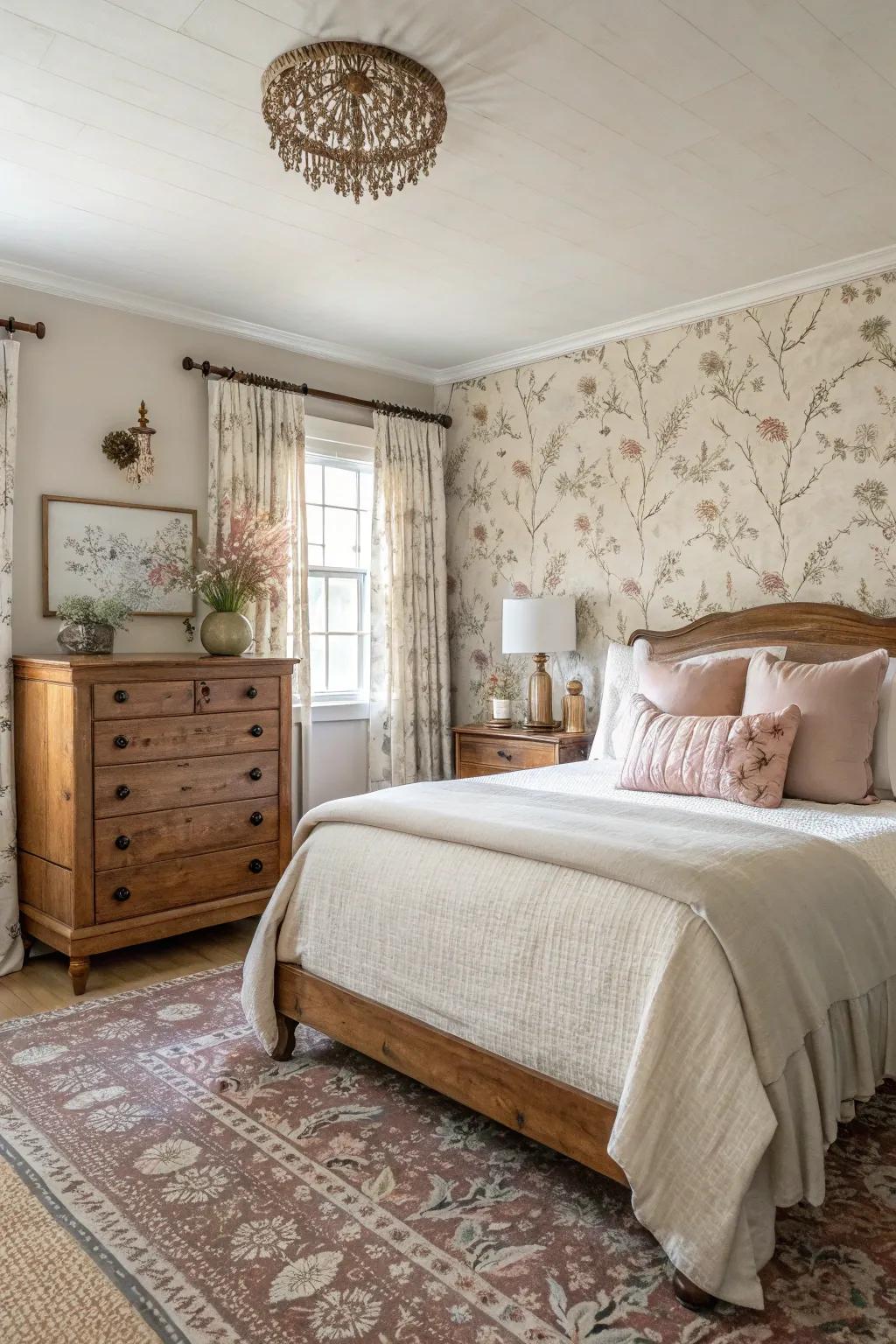 Textured wallpaper adds refined elegance.