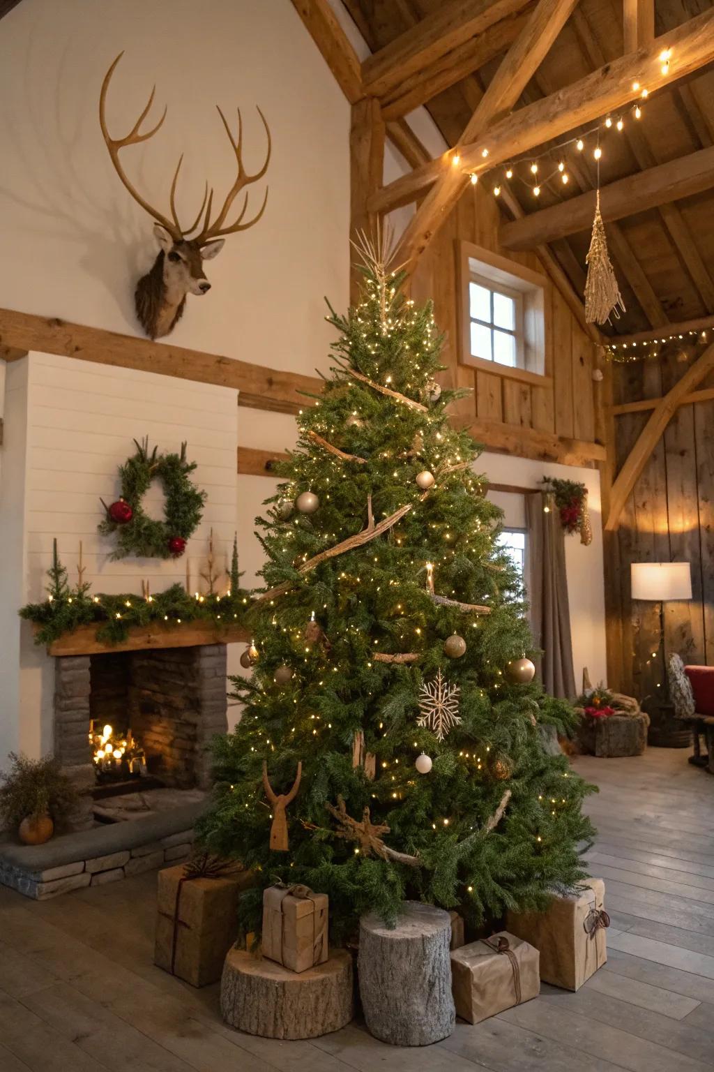 Deer antler highlights impart a lighthearted woodsy sensation to this charming tree.
