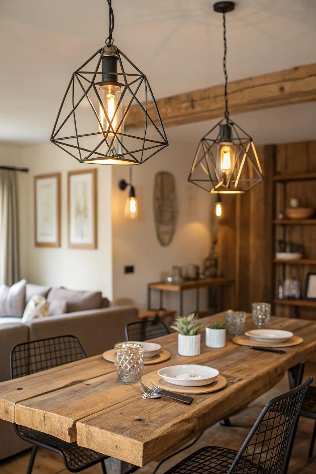 Geometric iron designs bring a modern edge to farmhouse lighting.