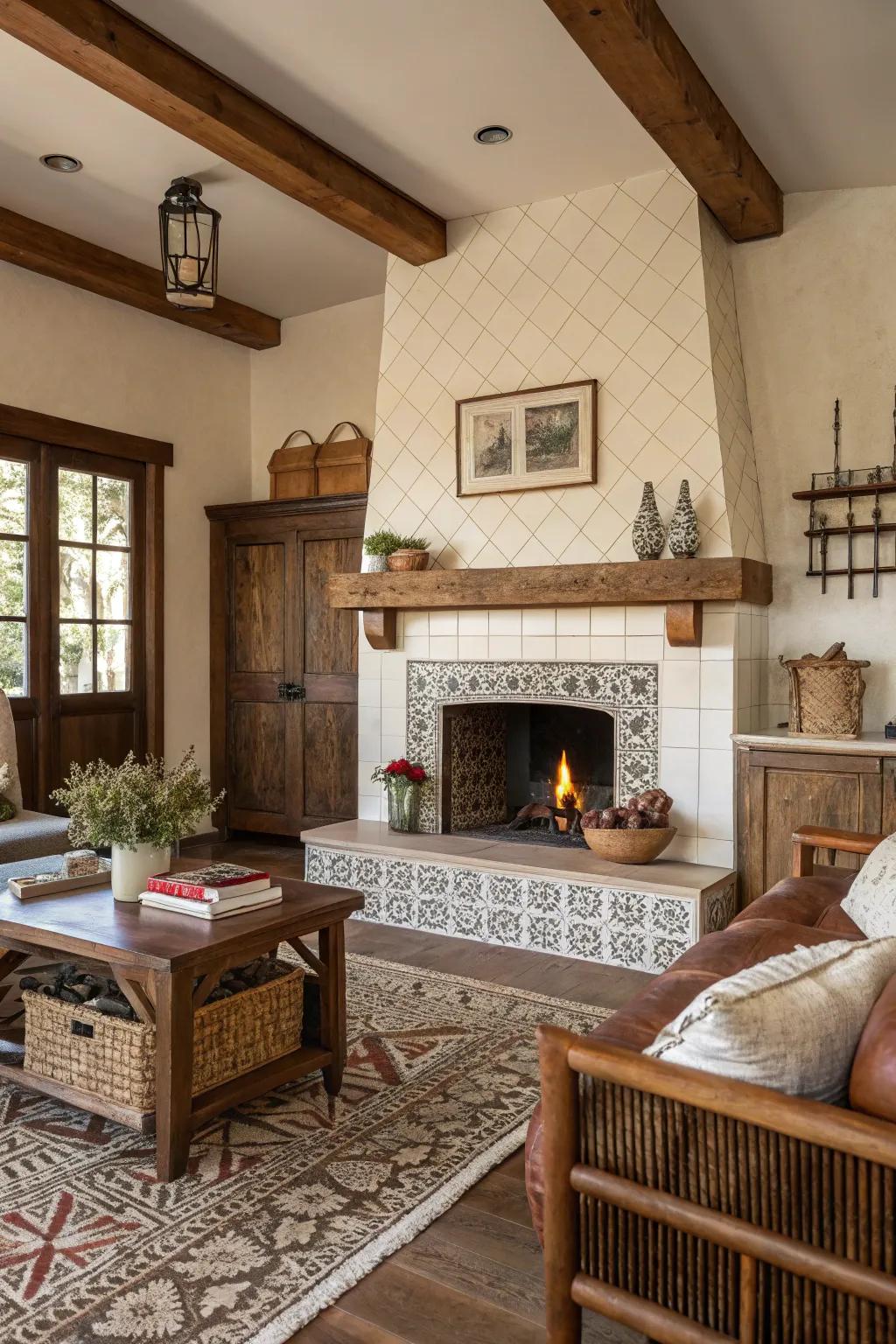 Dramatic floor-to-ceiling tiles on a farmhouse fireplace.