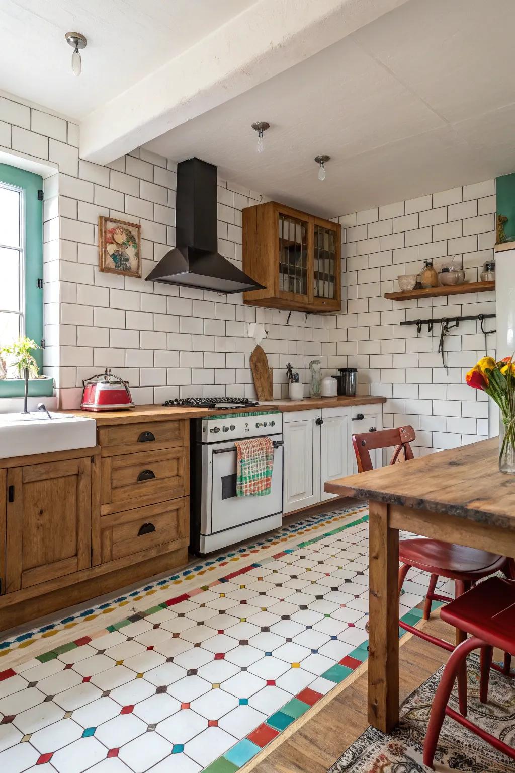 A farmhouse cooking area featuring subway tiles and colored grout.