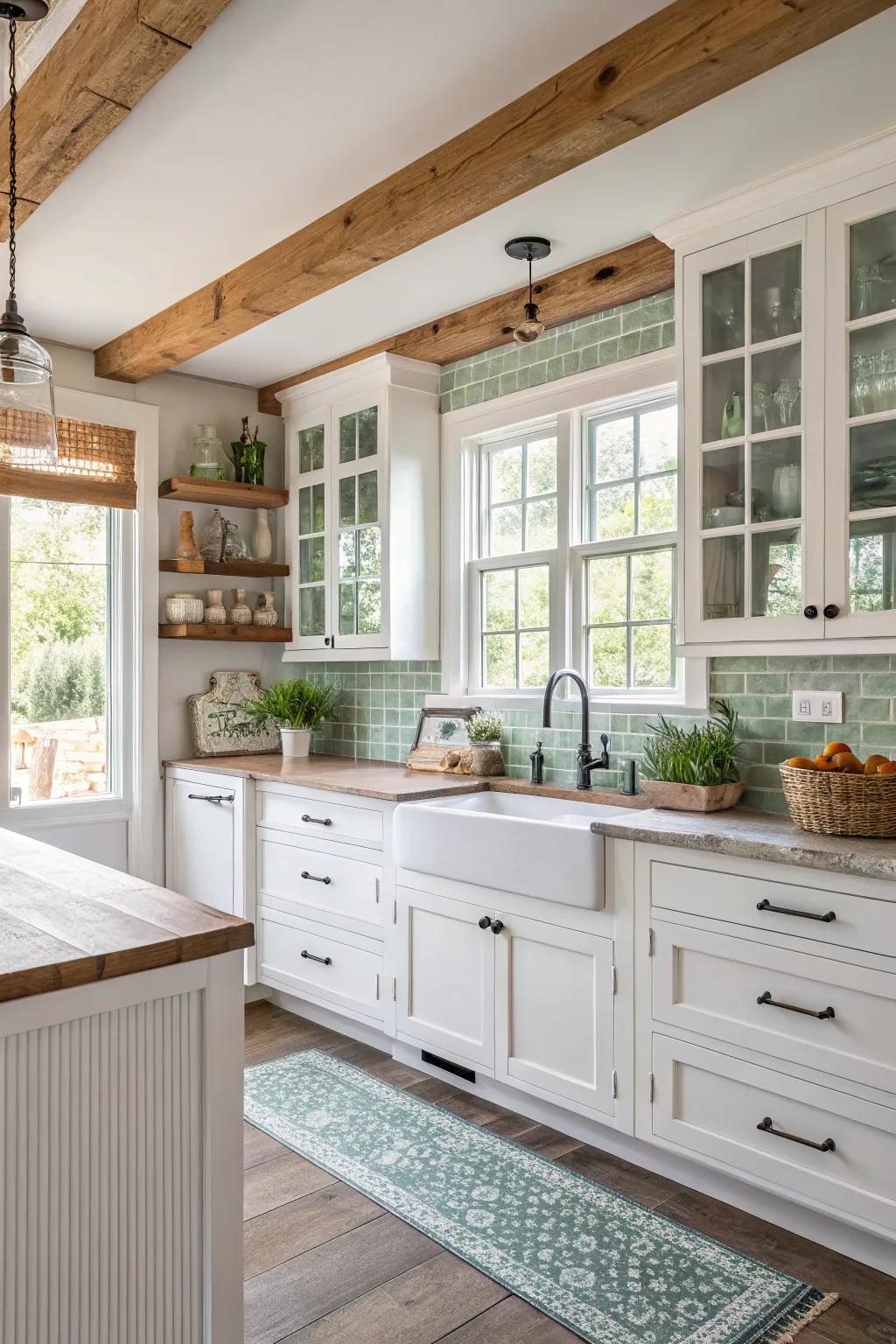 Reflecting crystal tiles enhance the radiance in this inviting farmhouse kitchen.