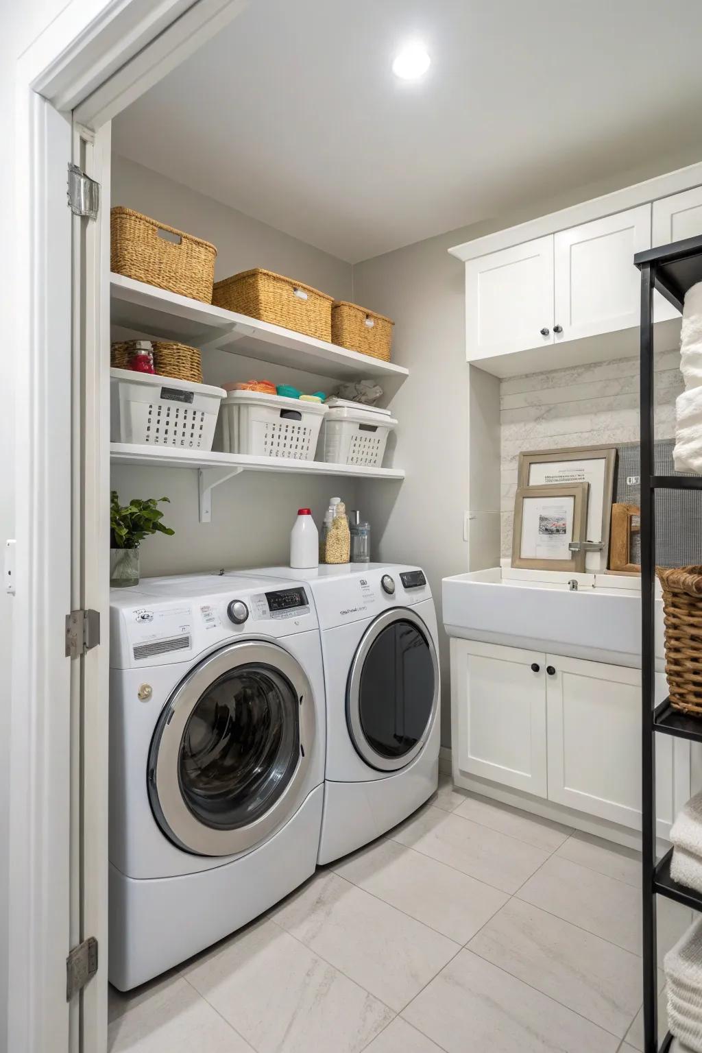 An efficient arrangement with side by side appliances enhances efficiency in this laundry space.