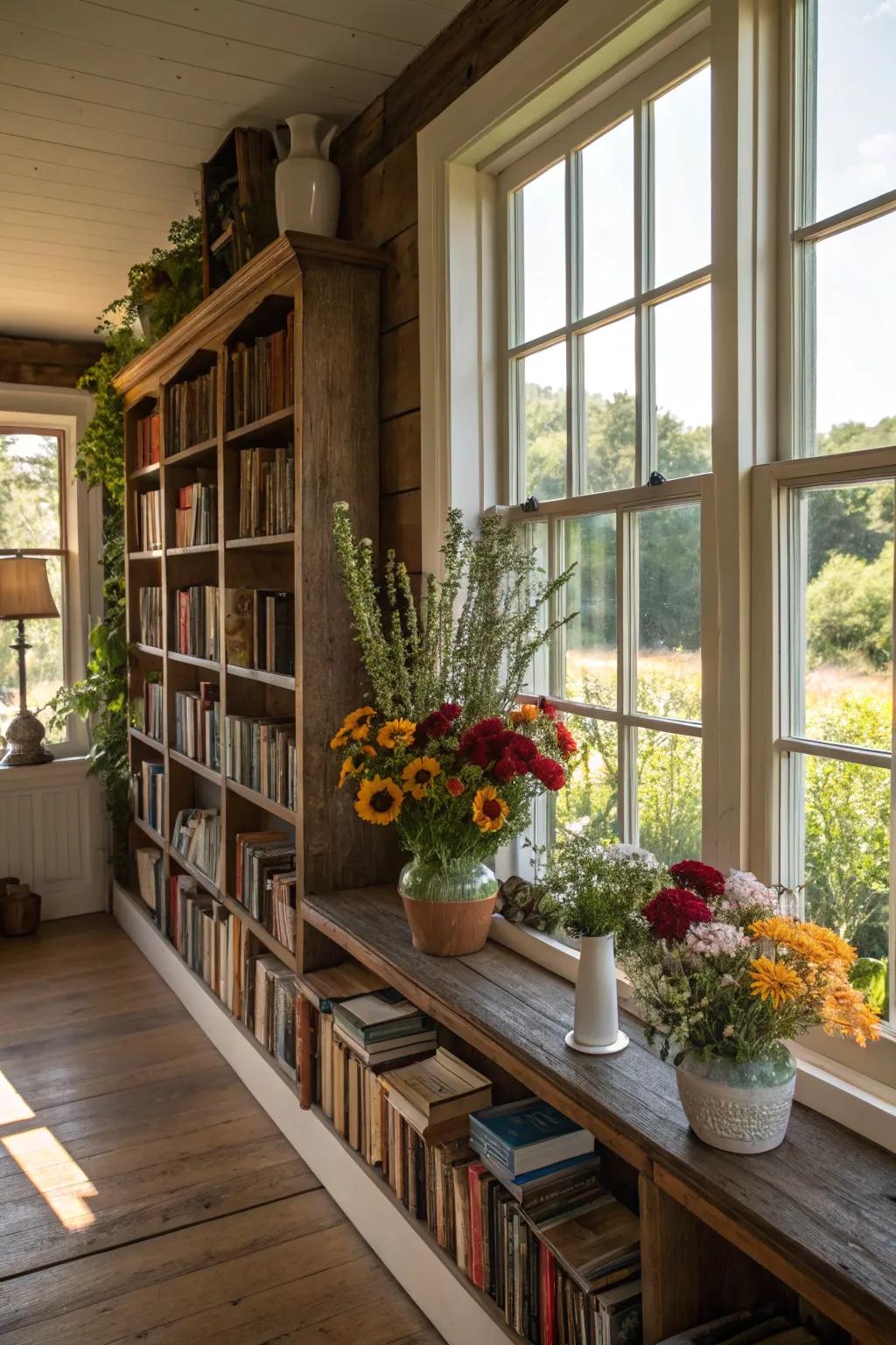 Plants and flowers incorporate vitality and freshness to the library setting.