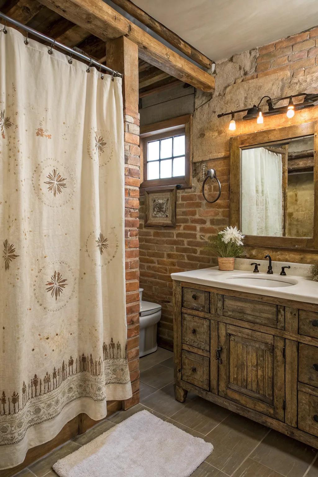 A bathroom featuring an aged texture shower drape and rustic design elements.