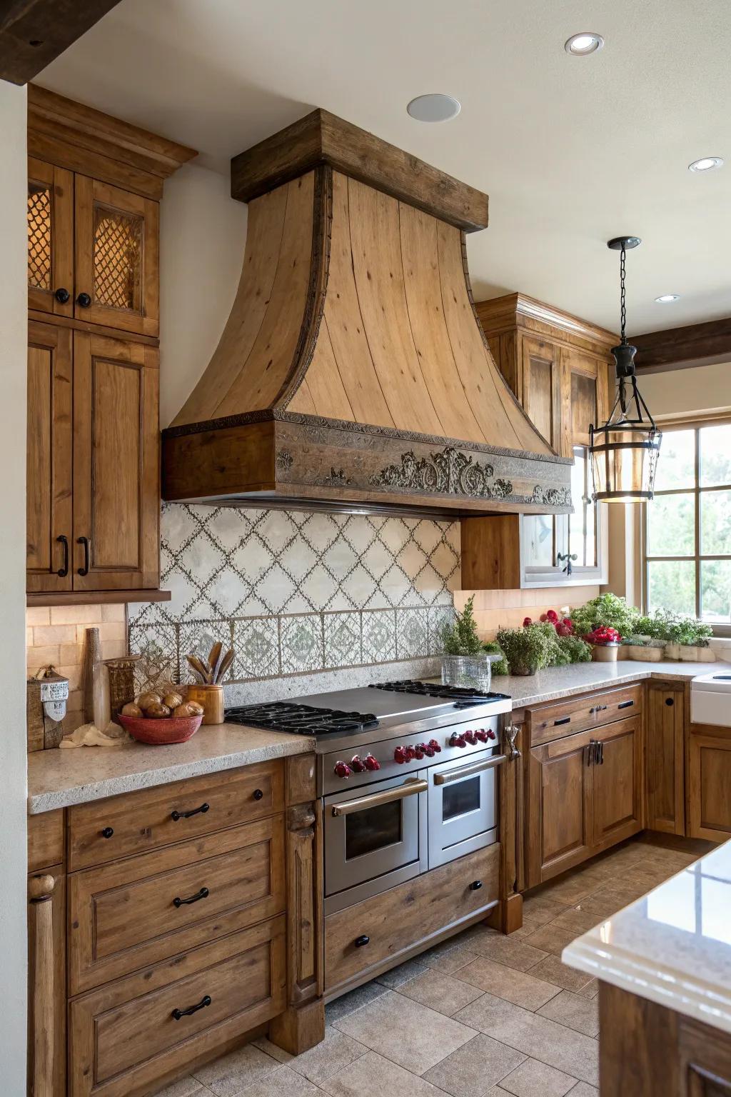 A timber support range hood establishes a striking focal point in the kitchen.