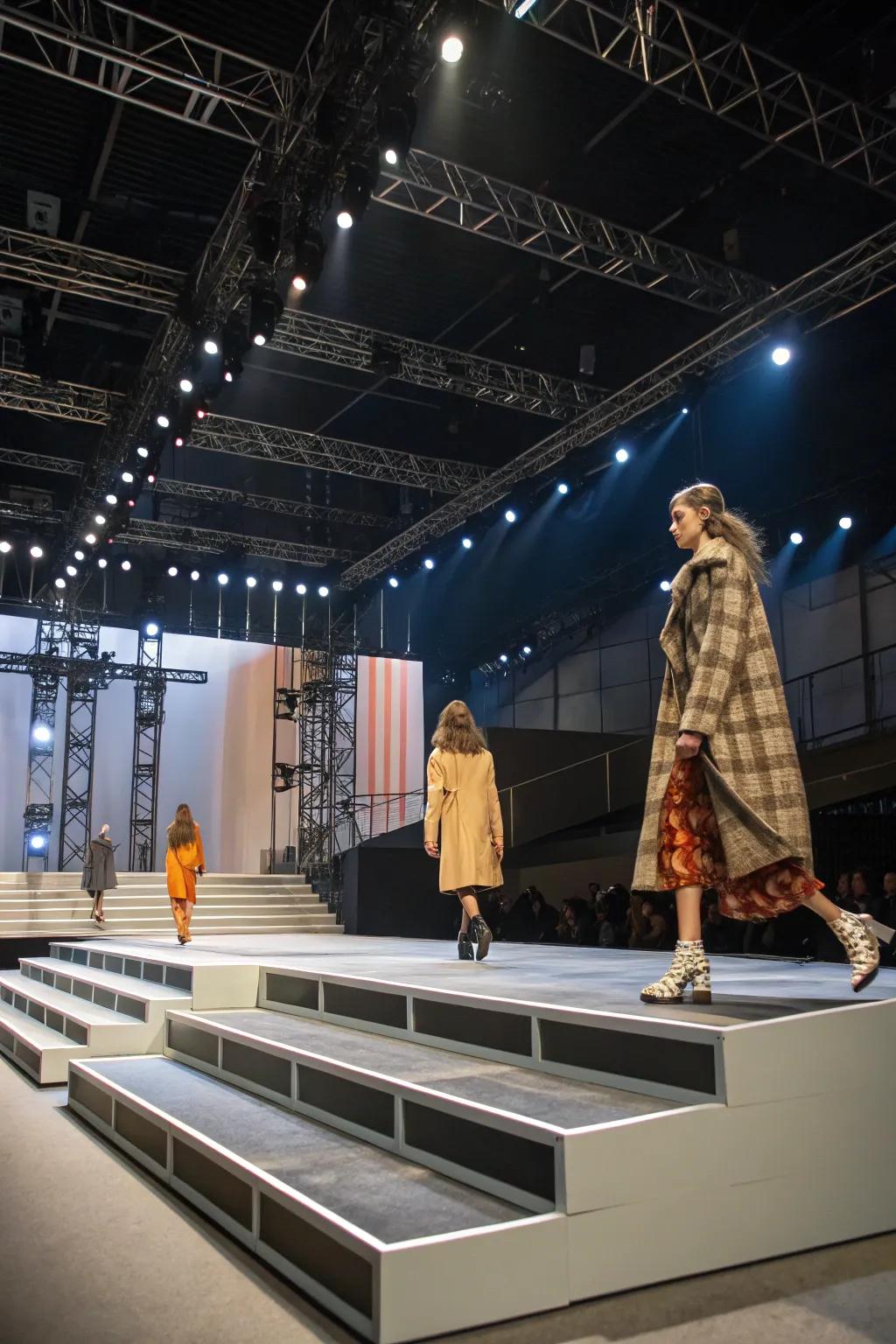 Adaptable stage layouts provide versatility and dynamic viewpoints in a fashion show.