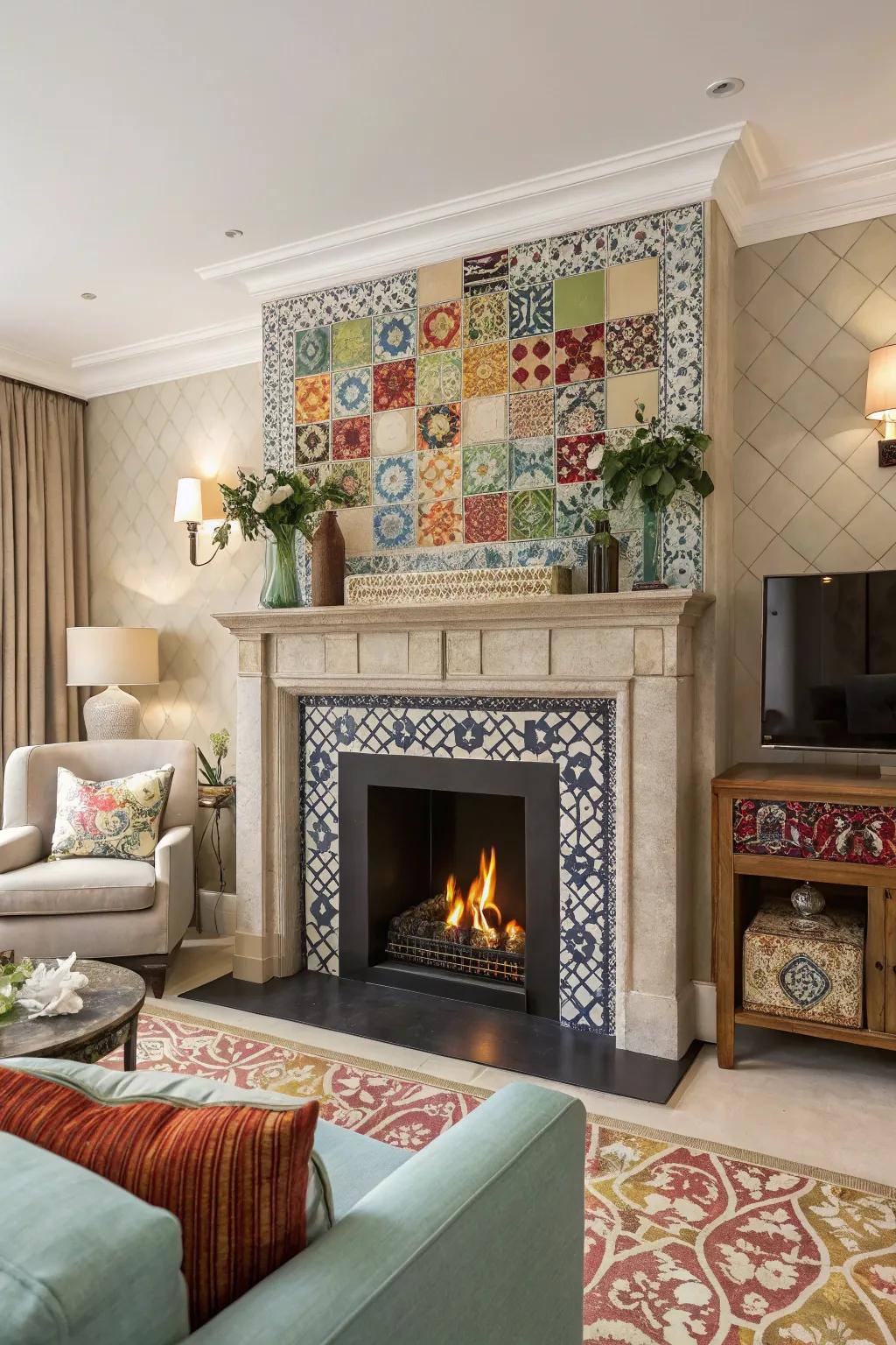 An artificial fireplace brought to life using unique ornamental tiling.