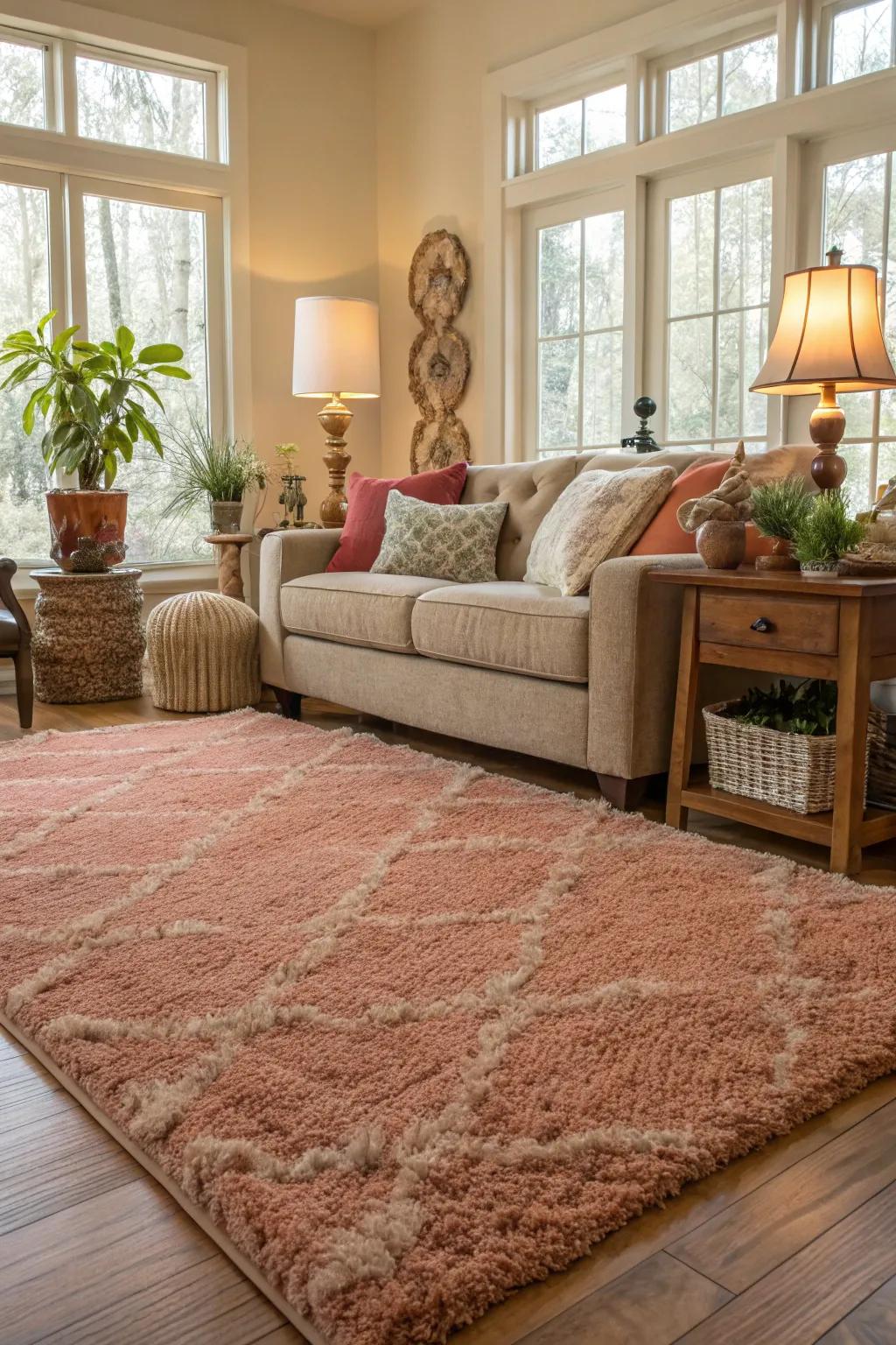 A plush floor covering amplifying the coziness of the living area.