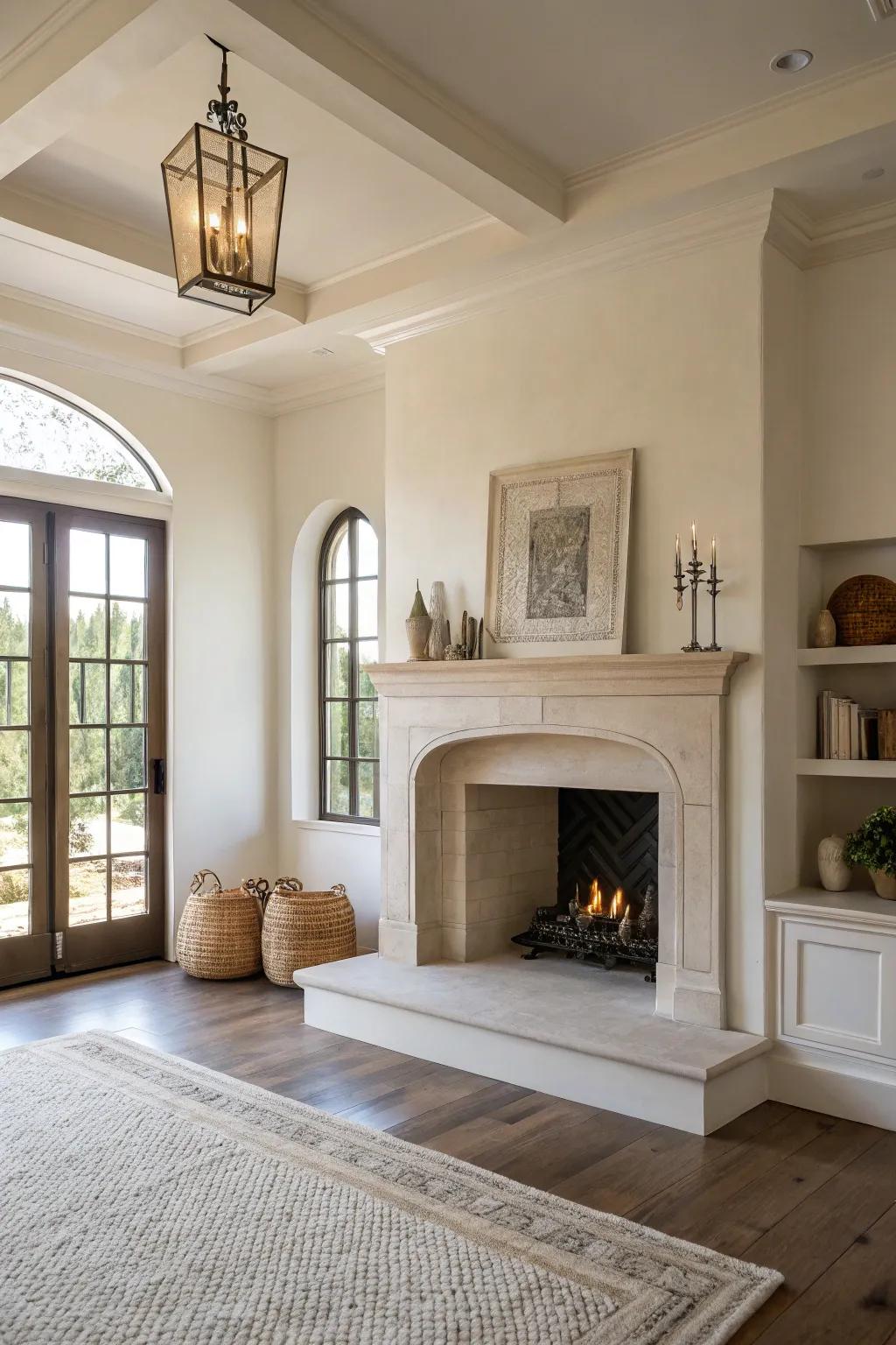 A minimalist living space accentuating the fireplace nook's structural elegance.