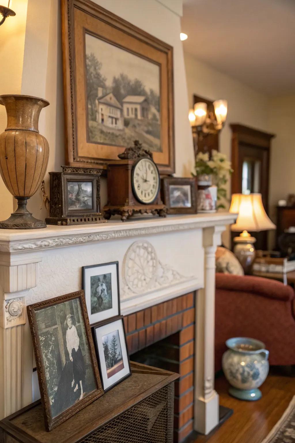 An antique fireplace surround adds historical charm.