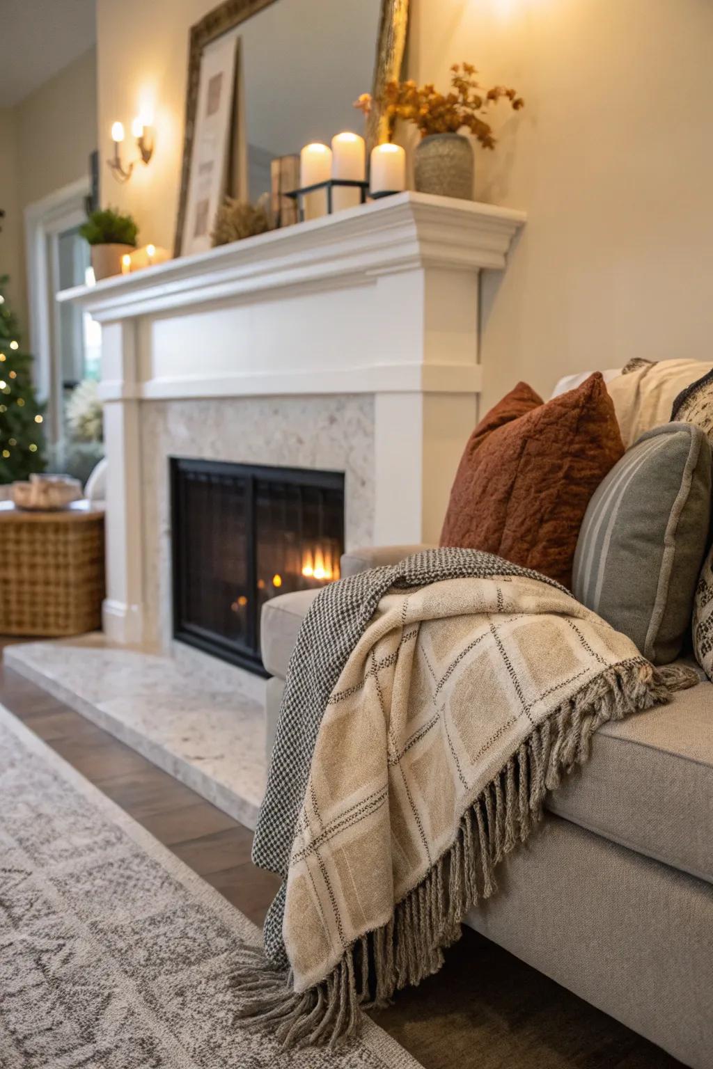 A welcoming mantel featuring soft textiles that promote relaxation.