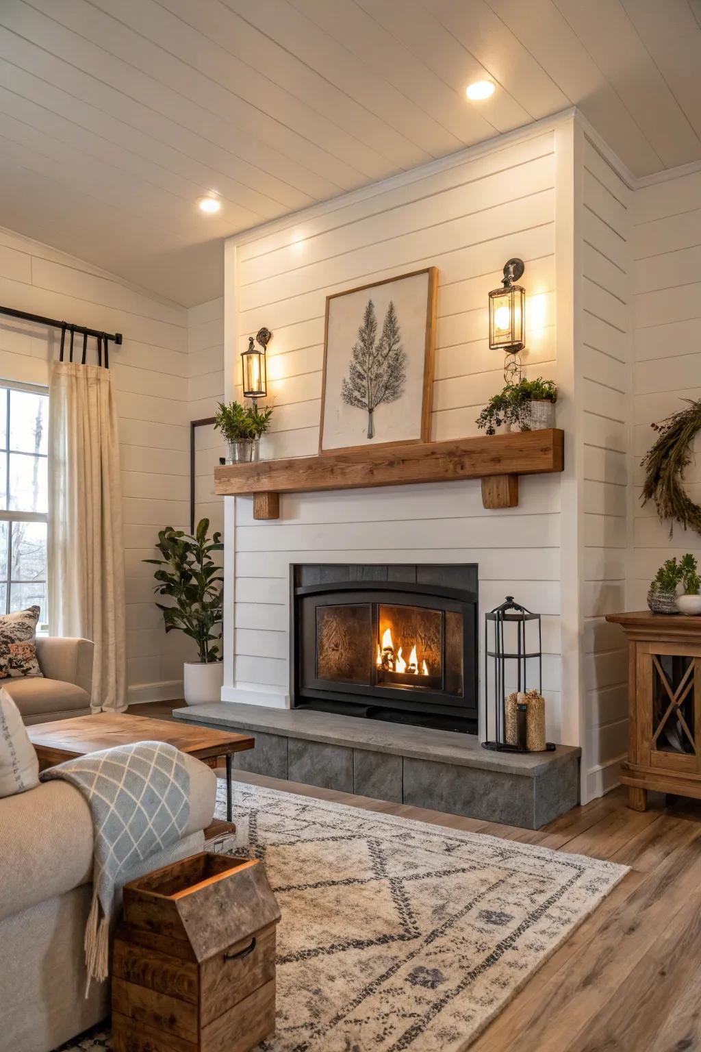 Panel accents add rustic charm to this cozy fireplace.