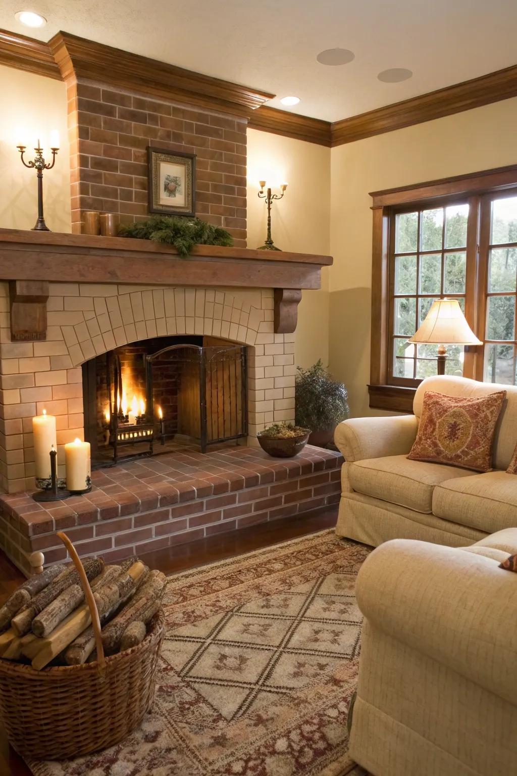 Brick cladding brings warmth and timeless charm to this fireplace.
