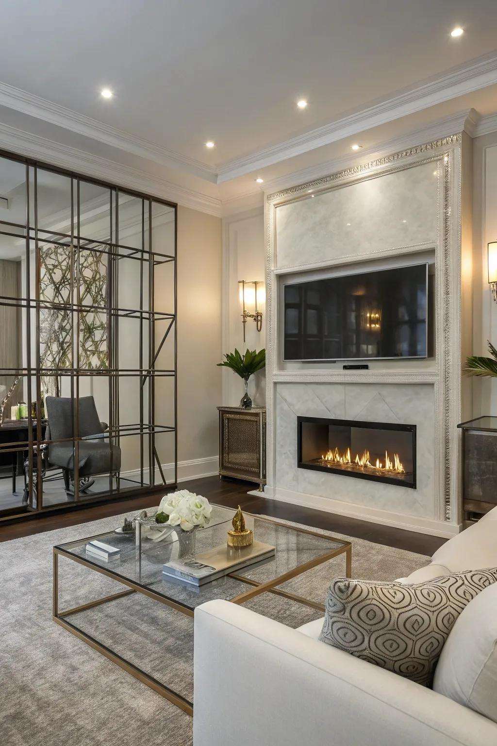 A streamlined combination of glass and metal to get a modern fireplace design.