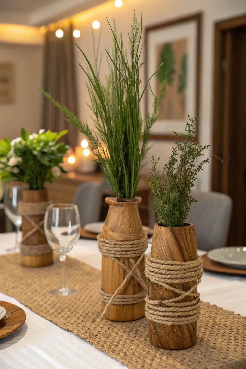 Timber containers with string provide a touch of rustic elegance.