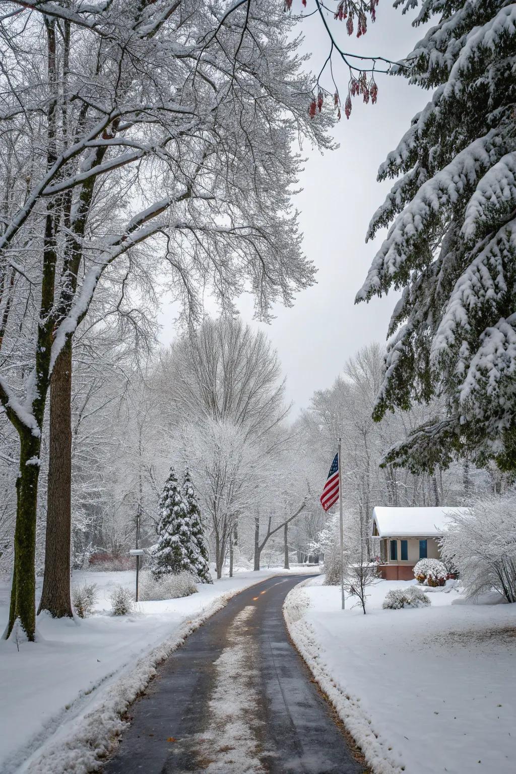 A rear lot access road in winter, with snow-dusted trees framing a clear path.
