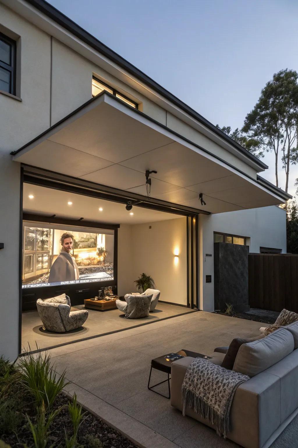 An open-air cinema on a flat roof garage changes movie evenings.