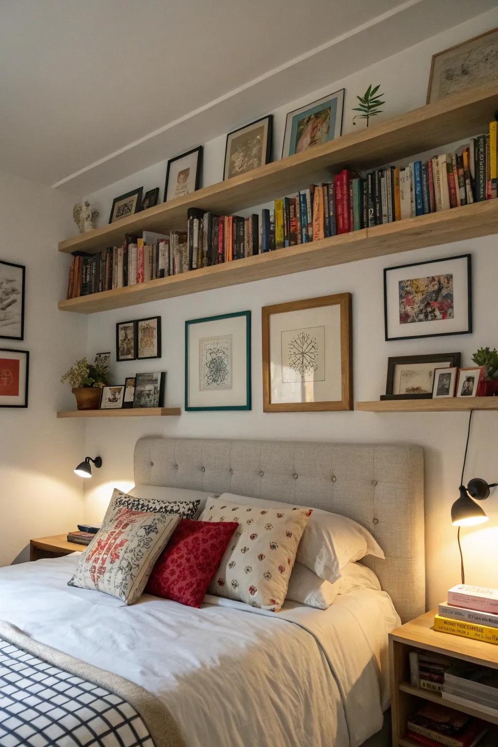 Decorative ledges above the bed impart a personal touch.
