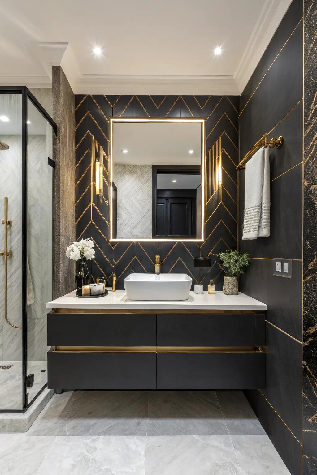 A bathroom including a floating vanity presenting a daring contrasting dark and light color scheme.