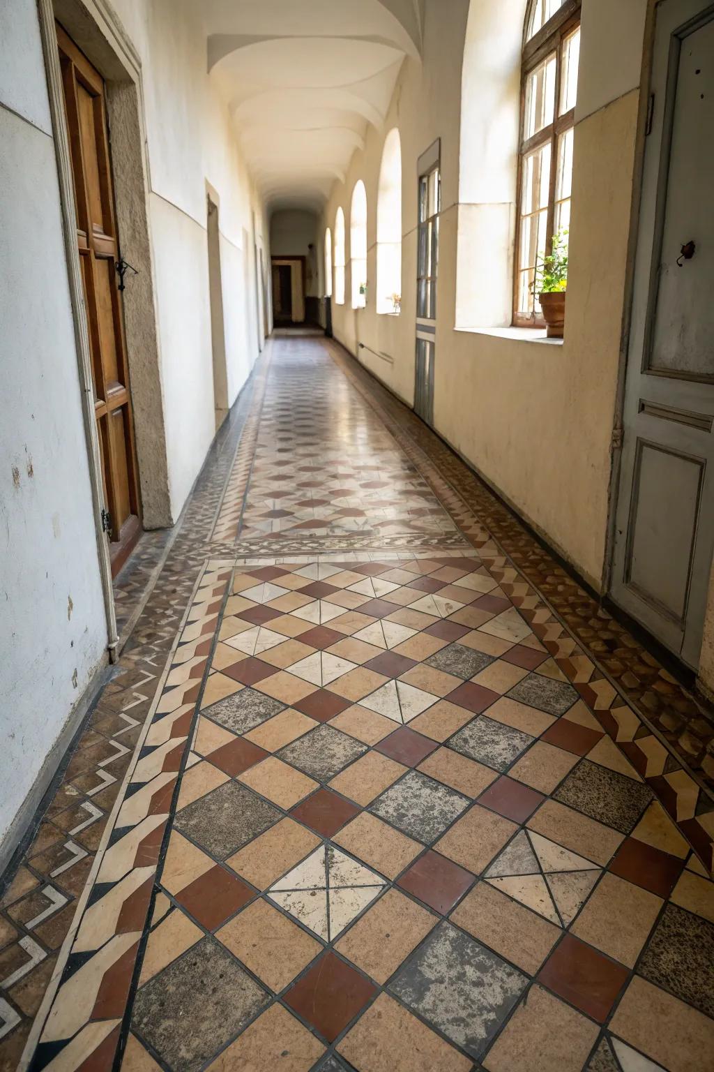 Diagonal tiles create an illusion of space in narrow hallways.