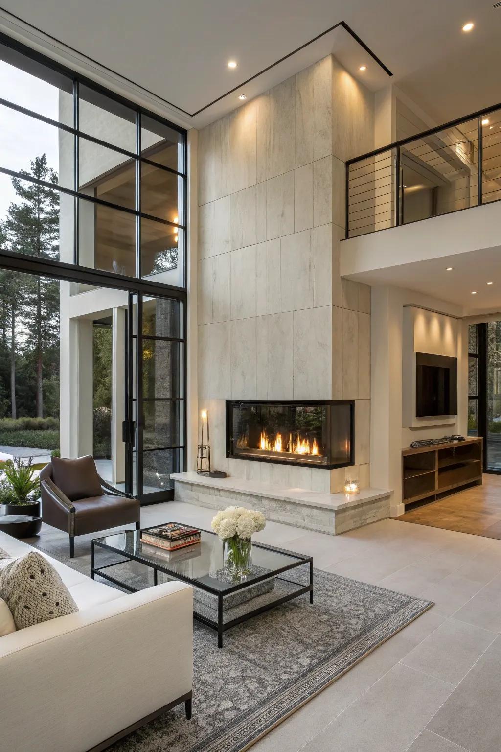 A sleek living space featuring a glass-fronted floor-to-ceiling fireplace.
