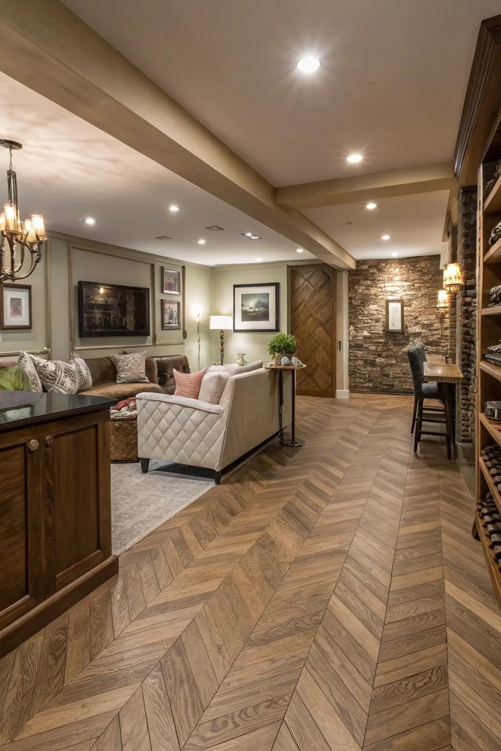 Arrow oak flooring creates a refined basement aesthetic.