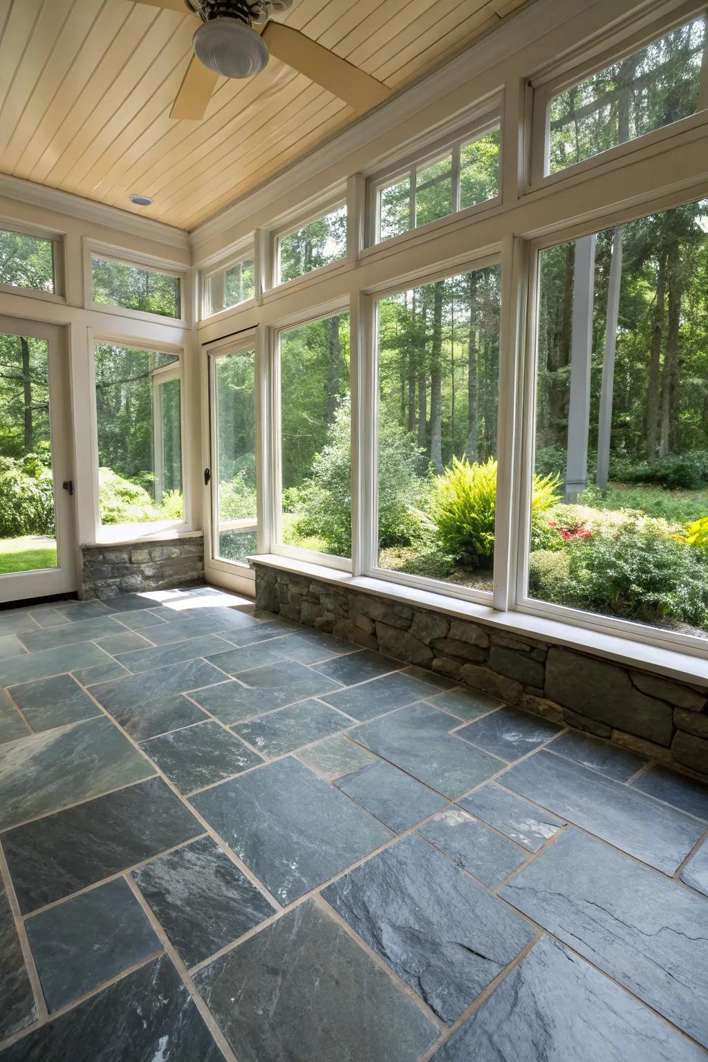 Introduce the outdoors in with pure rock floors.