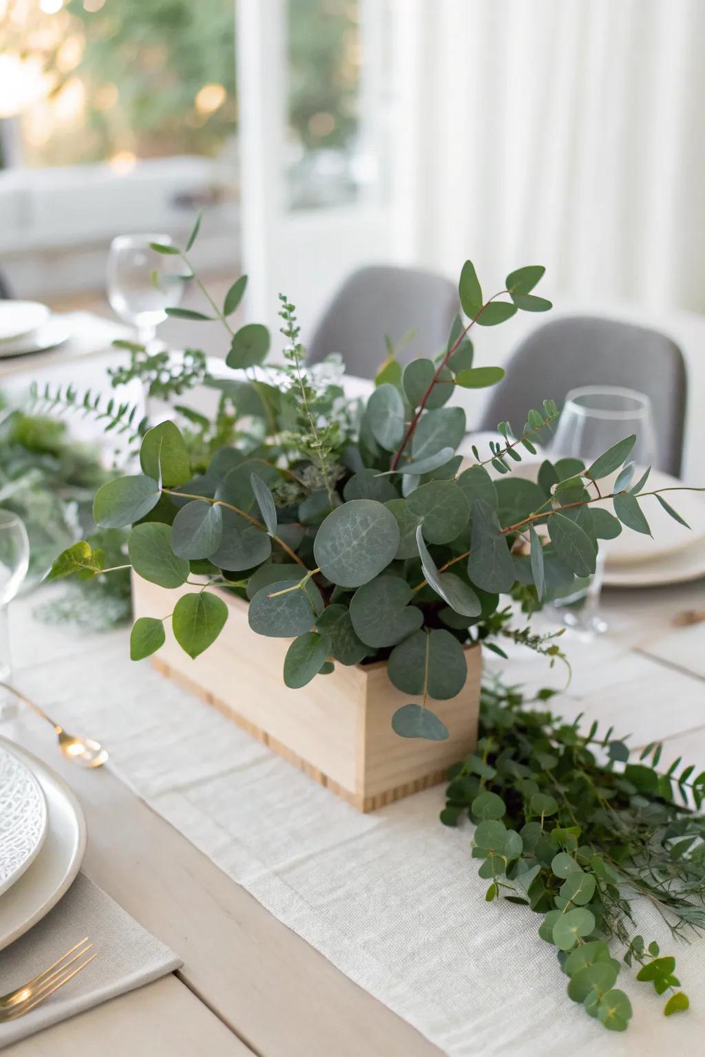 Elegant minimalist greenery centerpiece, ideal for a pristine and sophisticated aesthetic.