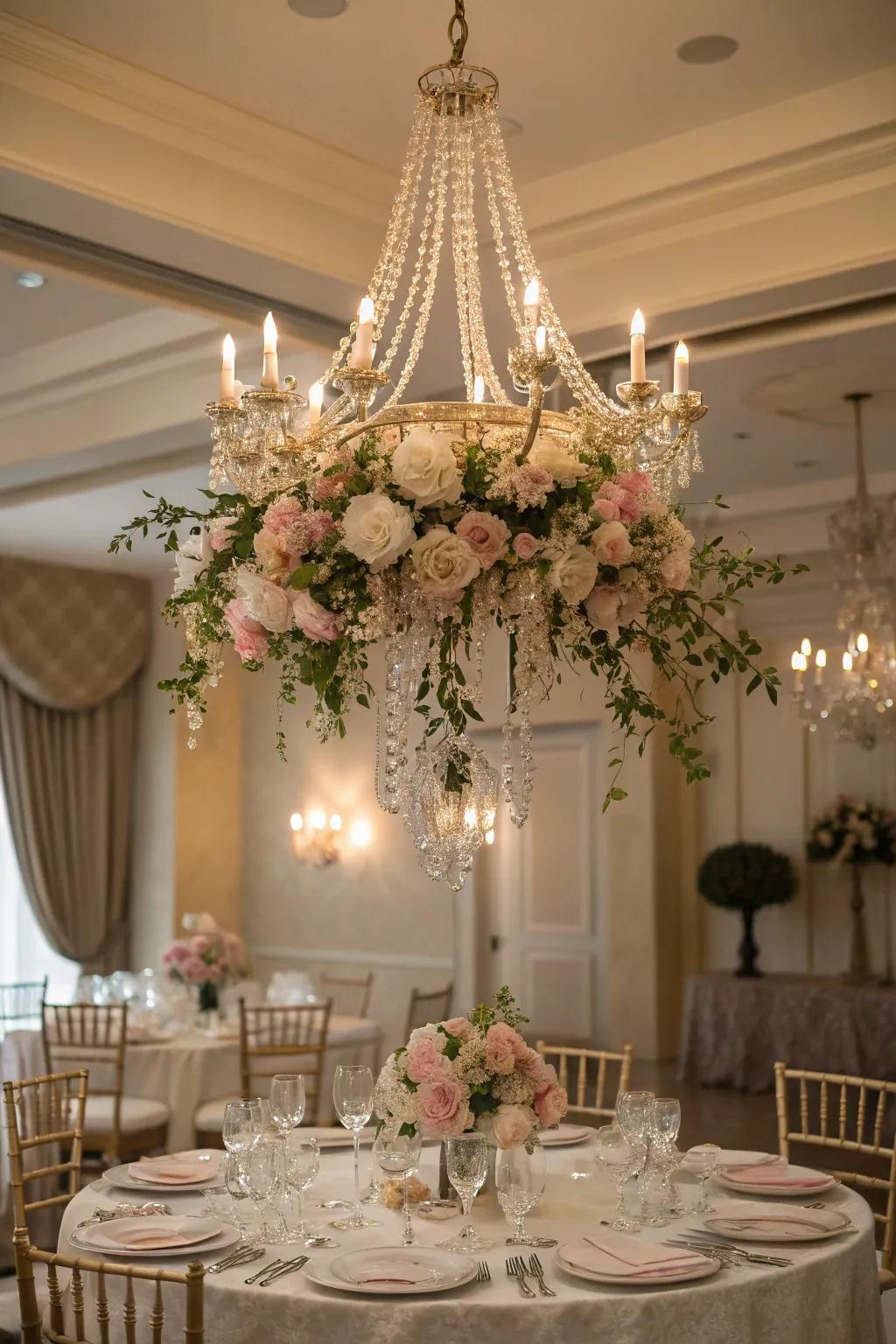 Inject whimsy into your dining room with a floral chandelier.