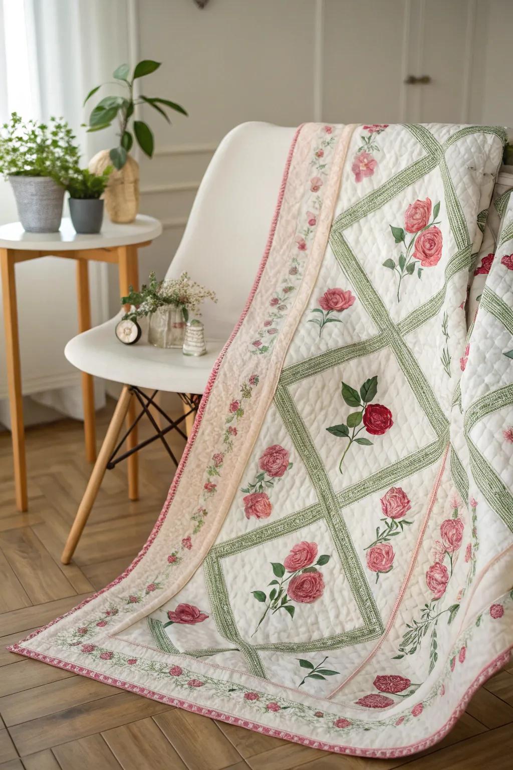 Embrace sophistication with a rose lattice quilt, where simplicity meets intricate design.