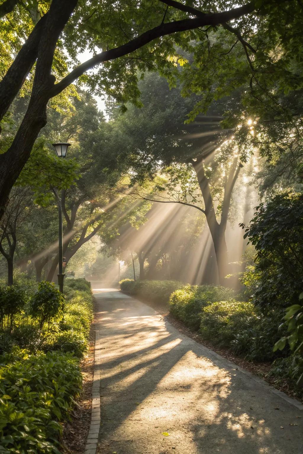 Filtered sunlight forming captivating garden views.