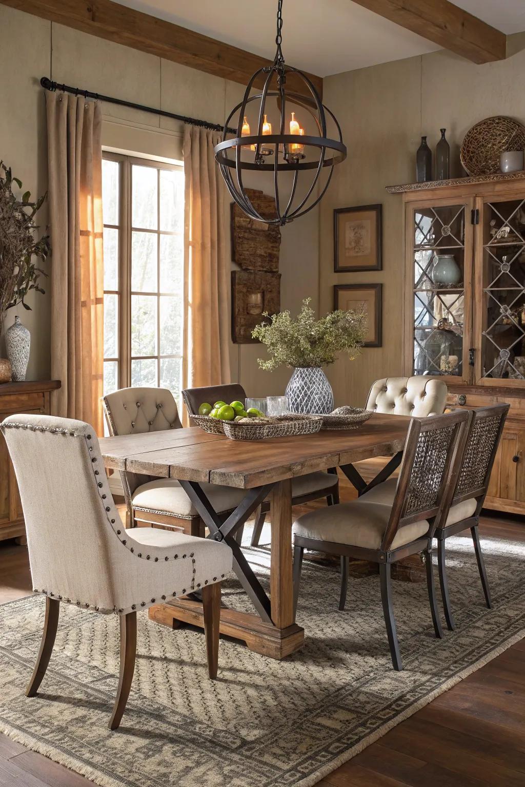 A combination of textures adds visual depth and appeal to the dining space.