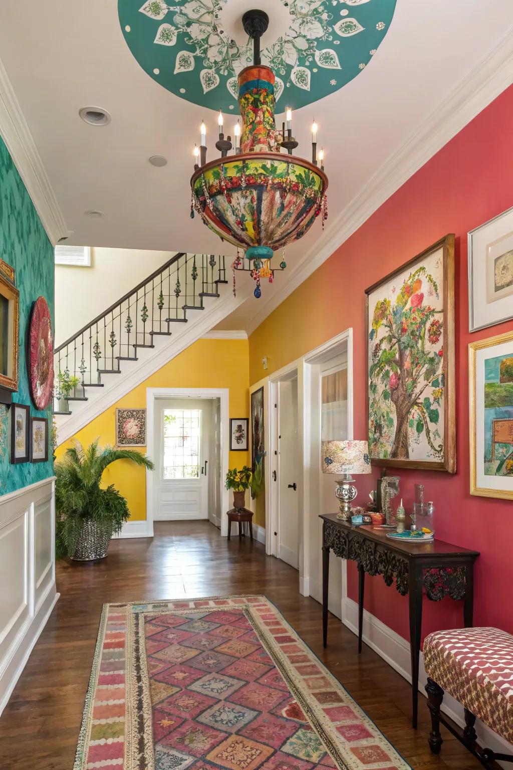 A painted chandelier brings a burst of color to this lively entryway.