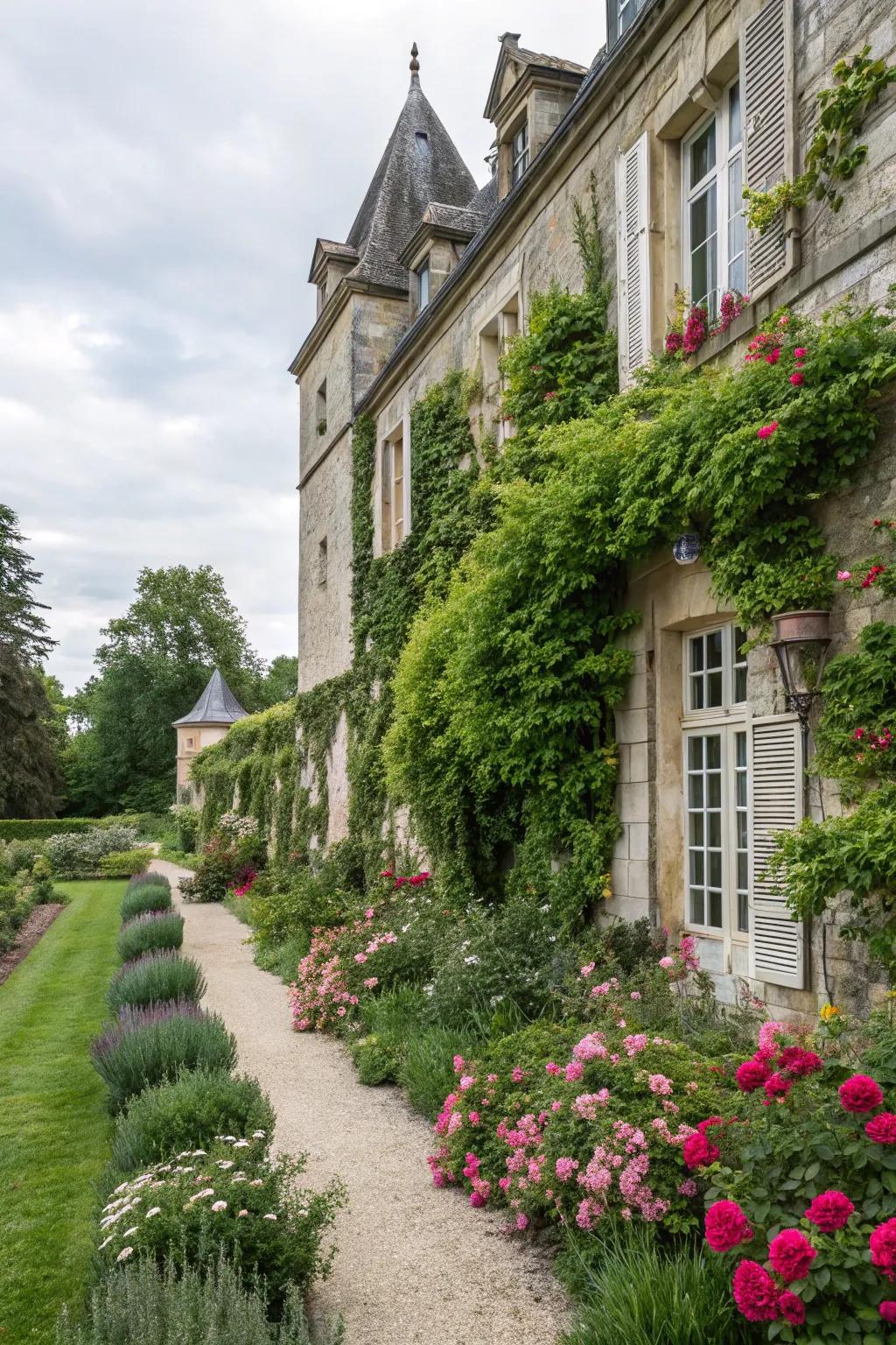 Manor-style architecture enhancing garden aesthetics.