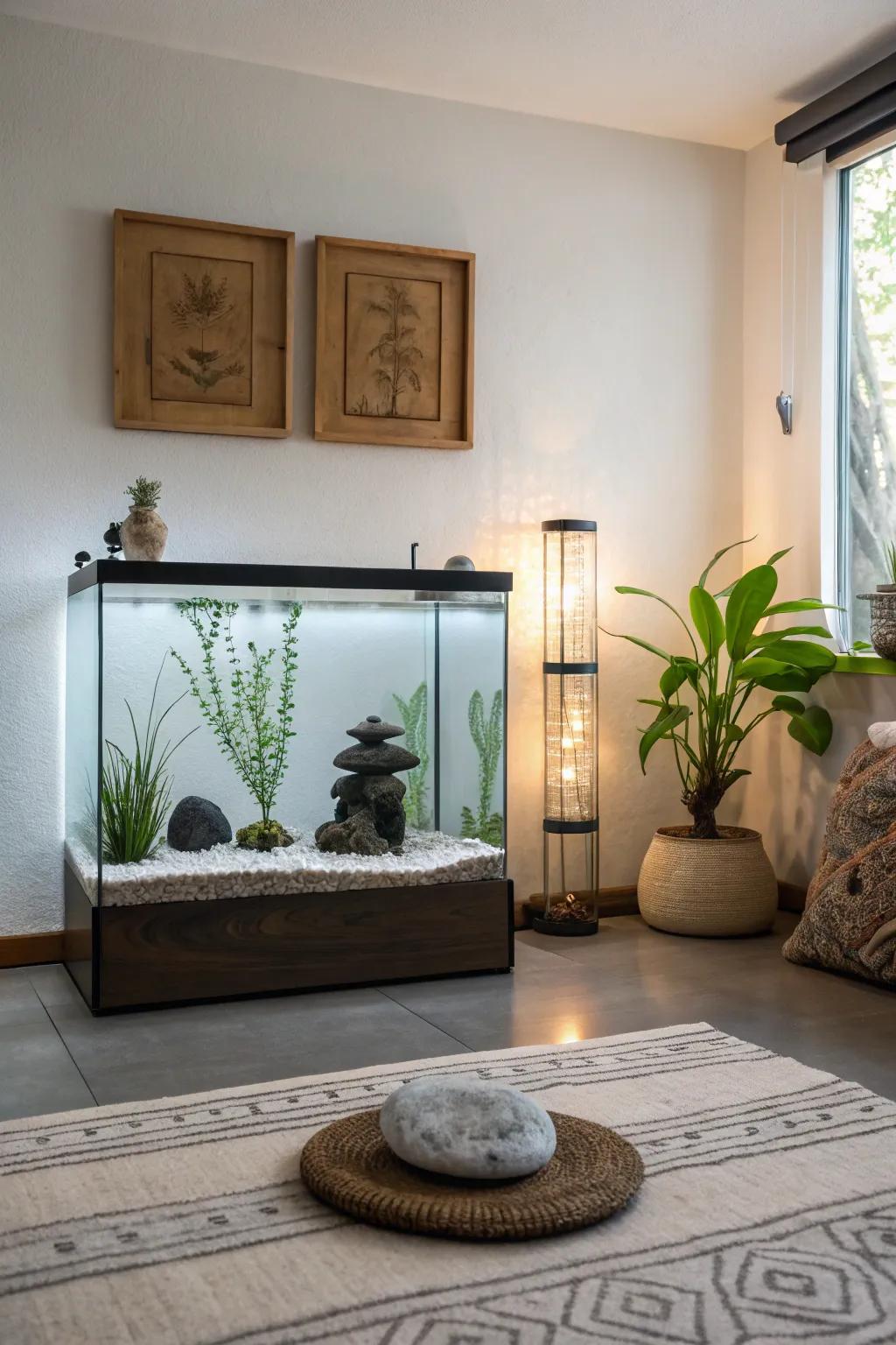 A Zen garden theme instills tranquility and simplicity in your aquarium.