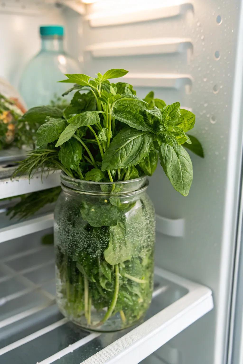 Fresh herbs kept in a jar filled with water to prolong freshness.