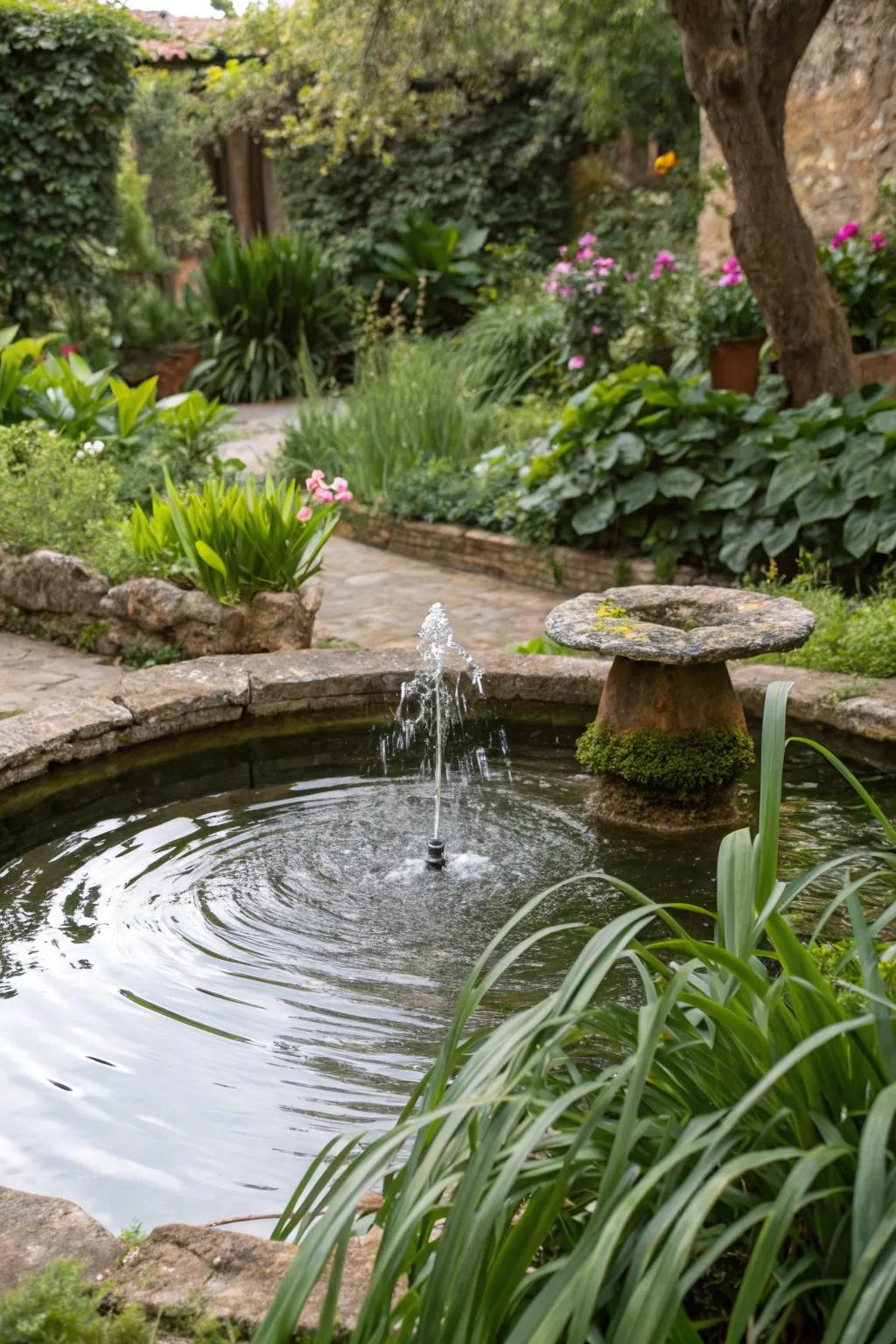 A serene garden pond highlighted by a bubbling fountain.