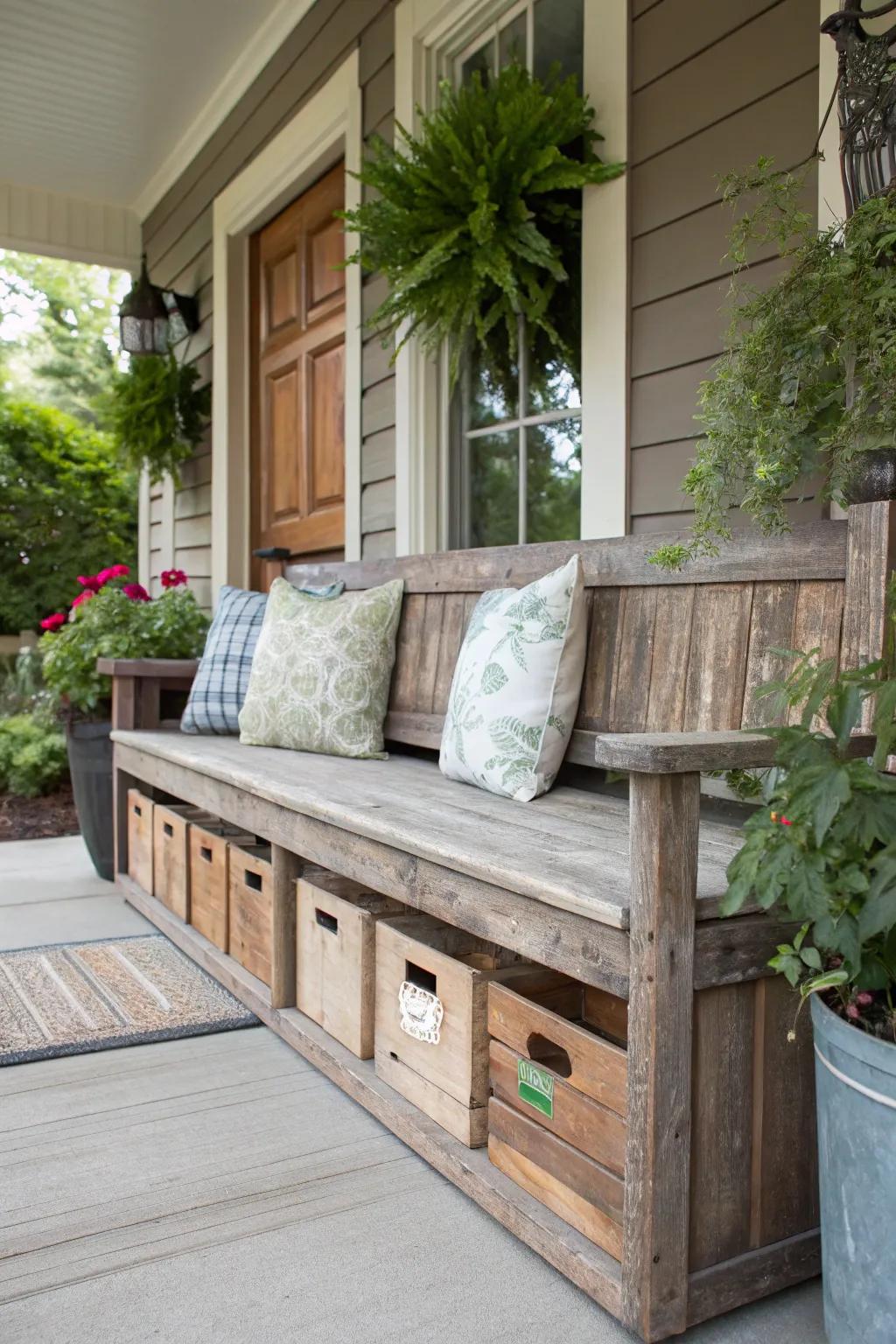 A bench with integrated storage keeps the porch functional and organized.