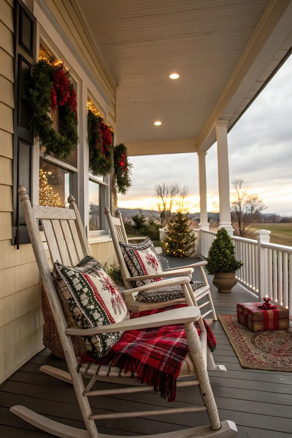 Swinging seats present a cozy location to relish the holiday view.