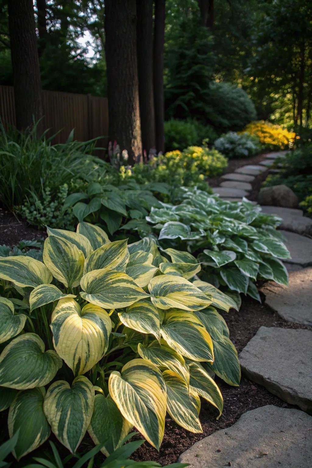 Patterned shadeleaf plants brighten shaded garden locations.