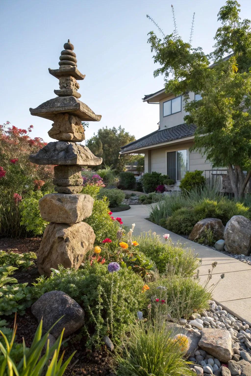 A stone sculpture acting as a centerpiece in a front yard garden.