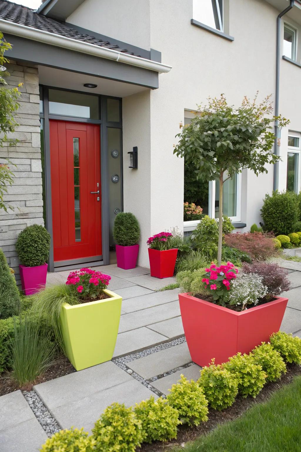 Bold accent colors add a memorable touch to modern front yards.