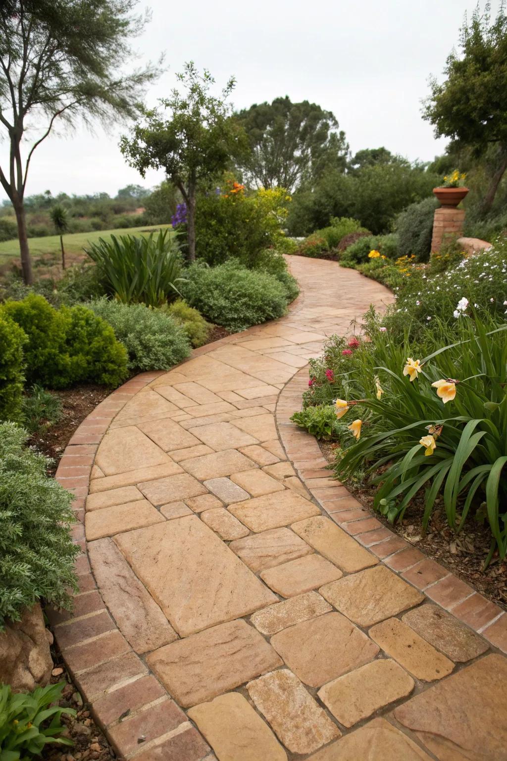 Earthen stone blocks create a warm and welcoming walkway.