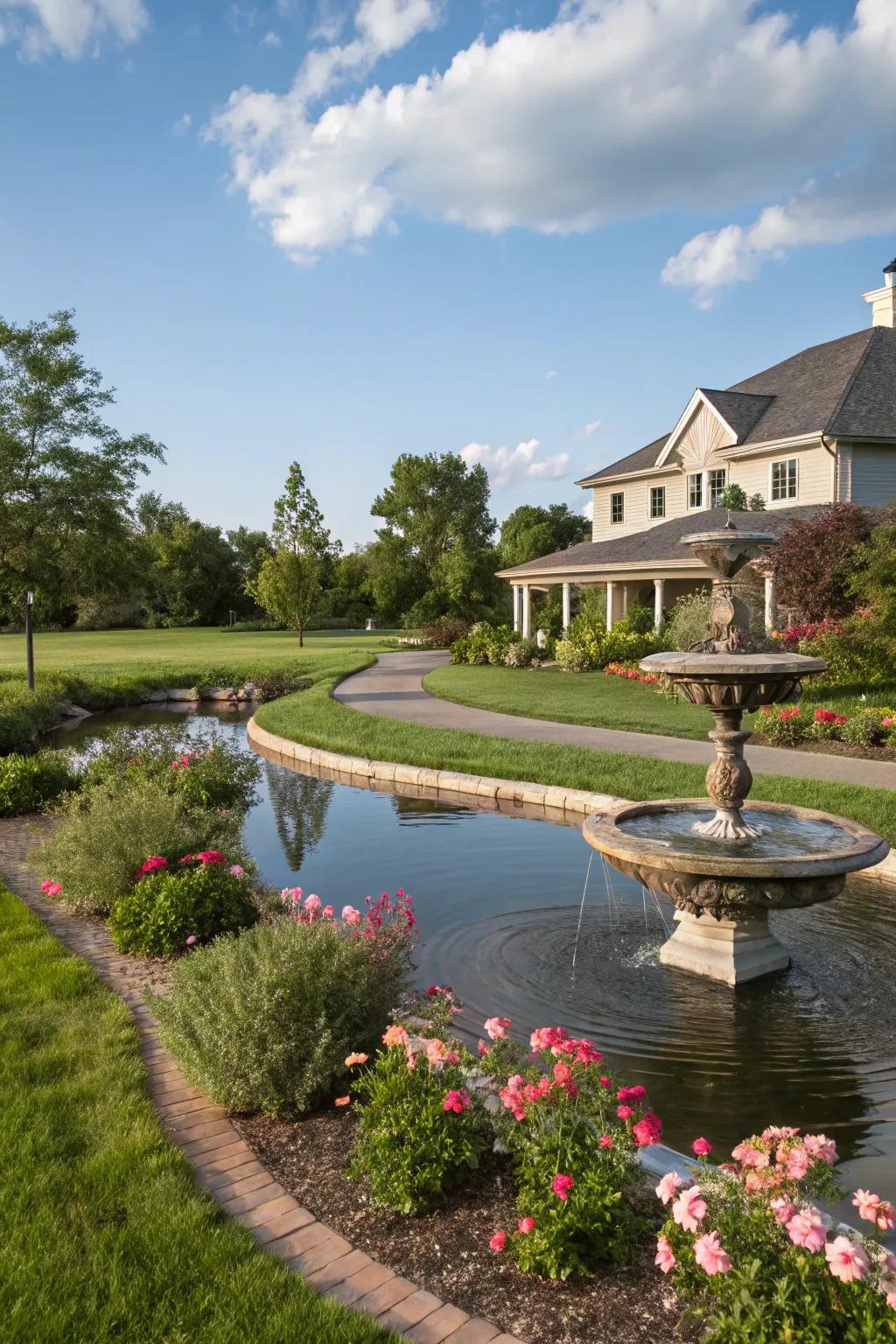 Water elements impart a serene and notable border to the forefront of your garden.