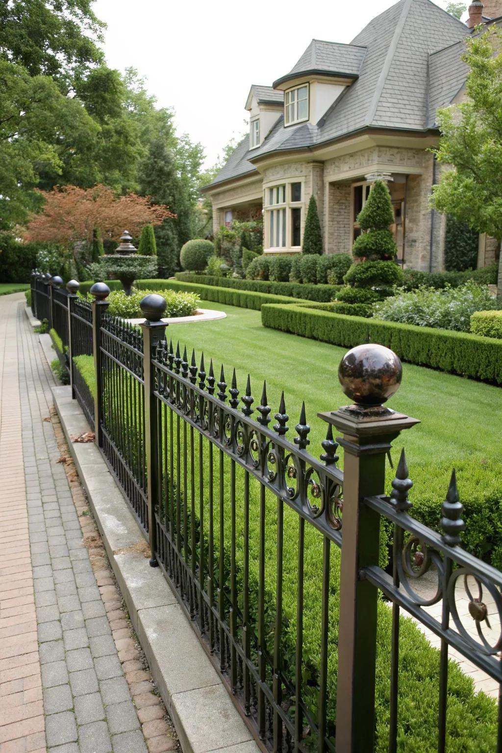 A decorative metal fence with round accents adding sophistication to a front yard.